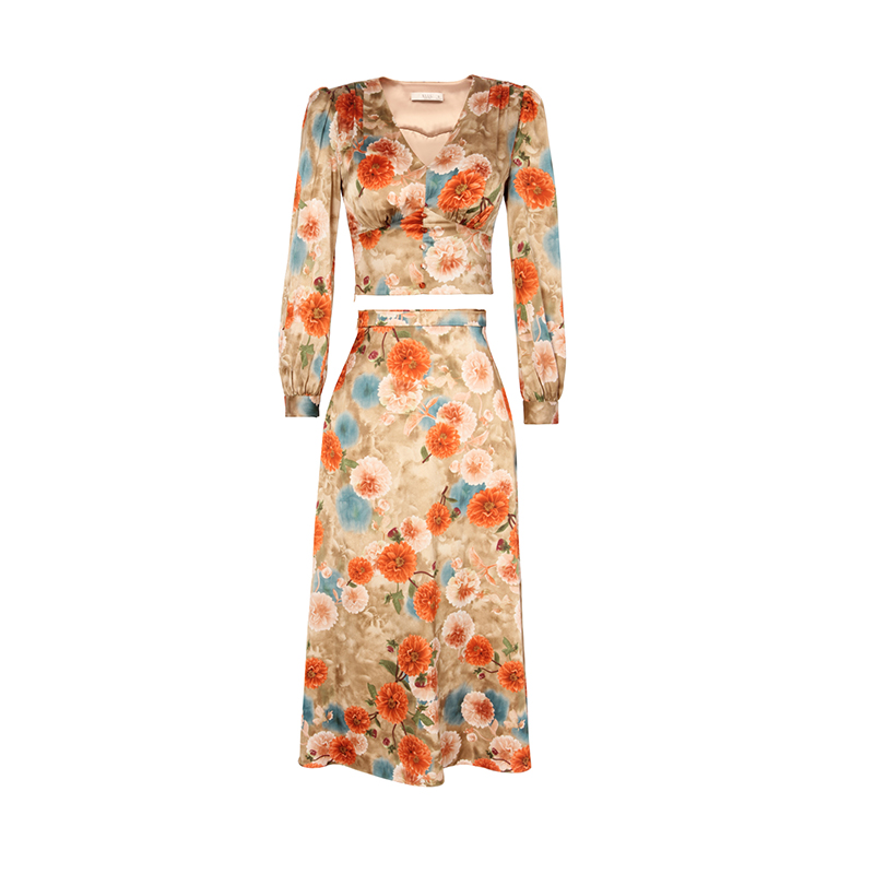 SS2310 Satin Silk Digital Printed V neck Long sleeve Crop Top Blouse Slim straight Skirts