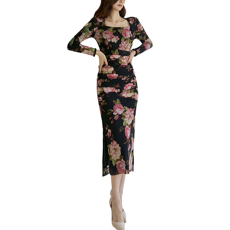 SS2348 Mesh Digital Printed Squared Neck long Sleeve Long Dress