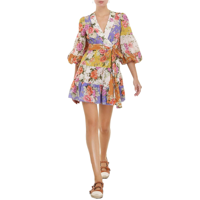 SS2365 Cotton Voile Digital Printed Mid L anternSleeve Wrap Tied mini dress