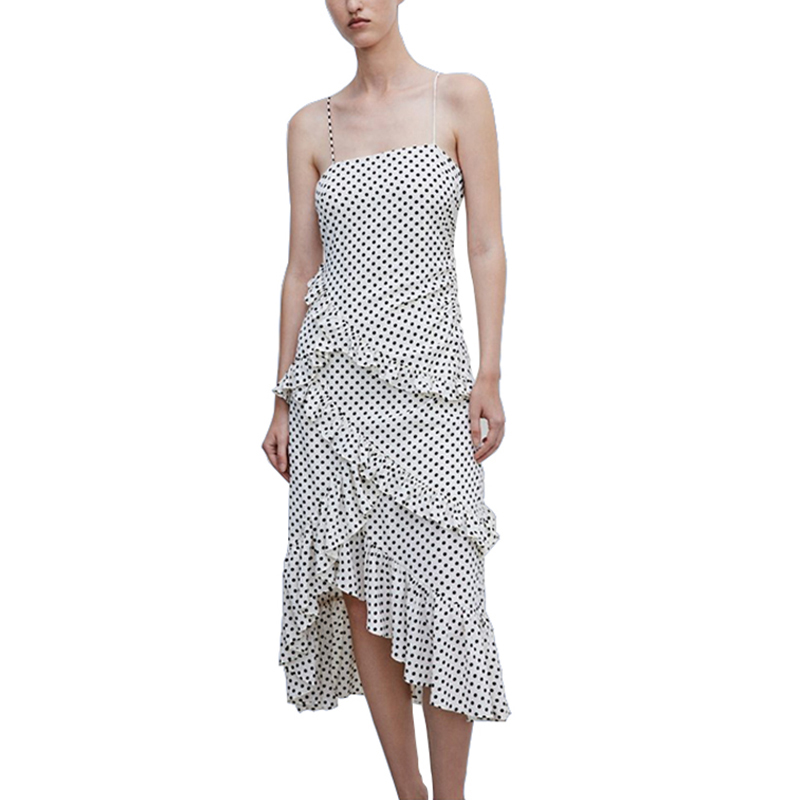 SS2387 Viscose/Cotton Dot Printed Suspender Slip Dress Shoulder off Frill Long Dress