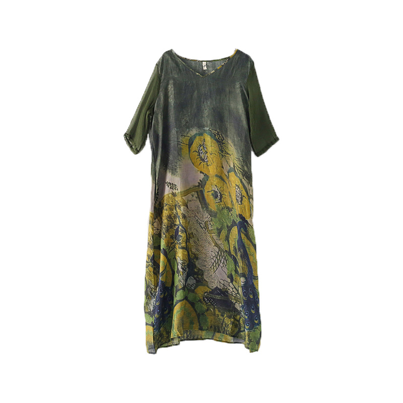 SS2378 Silk Cotton Placement Digital Printed mid Sleeve V neck Loose long Dress